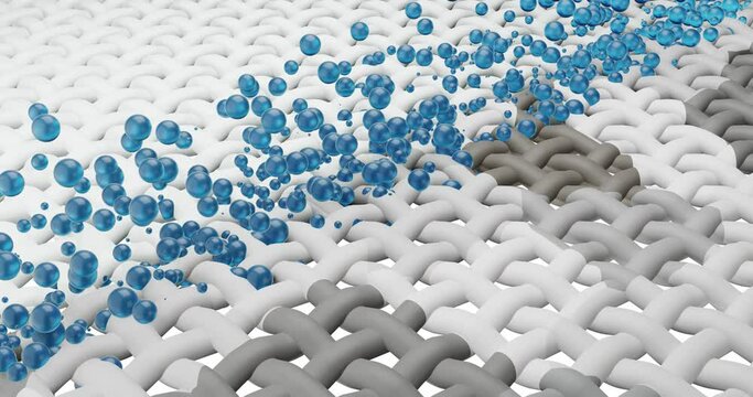 3d render stylized animation of cleaning the fabric structure from dirt, sweat, stains. Intertwined fabric fibers dirt dissolves under the influence of washing powder, steam, water, gel