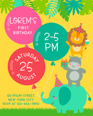Obraz premium Cute safari cartoon animals with big balloons design for kids party invitation card template.