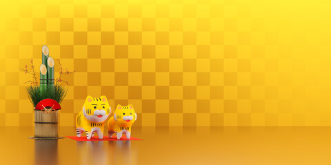 黄金色の背景に置かれた虎と門松のミニチュア / コピースペースのある寅年の年賀状・お正月用背景素材 / 3Dレンダリンググラフィックス