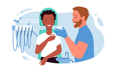 Dentistry orthodontic procedure in stomatology clinic vector illustration. Cartoon patient man character sitting in dental chair with smile, doctor dentist holding braces for teeth isolated on white