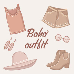 Cute boho style outfit set and accessories set, vector set.