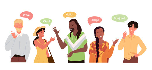People say hello on different languages, global international communication concept vector illustration. Cartoon man woman characters talk, speech conversation with chat bubbles isolated on white © Natalia