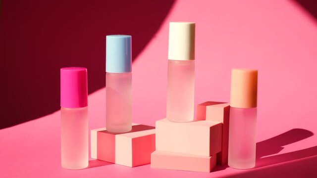 shade from a swaying palm leaf on several spray glass bottles with perfume on pink geometric podiums, composition for perfume presentation, four perfume bottles on stage, pink background