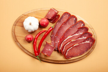 Beef pastrami sliced.  Turkish bacon, pastrami ( kayseri pastirma )