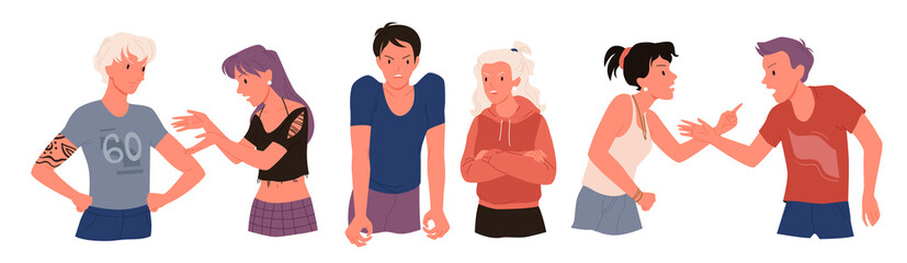 Cartoon man woman characters quarreling, arguing in anger and disagreement, dispute of husband and wife isolated on white. Angry quarrel of couple people, stress family problem vector illustration