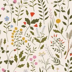 Vintage botanical seamless pattern with wild herbs, flowers, branches and leaves. Vector illustrations of forest flora. Hand drawn colorful floral elements. Background for textile and print