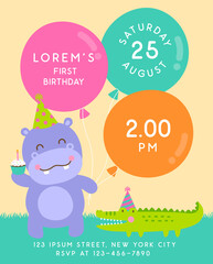 Cute hippopotamus and alligator cartoon with big balloons design for kids party invitation card template.