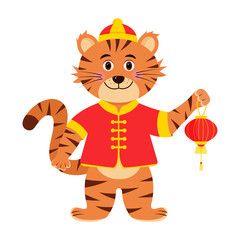 Tiger in traditional Chinese dress is holding a Chinese lantern. New Year symbol.