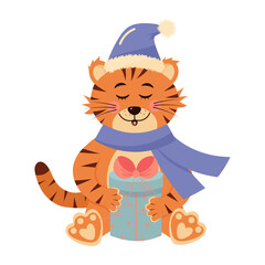 Cute tiger in hat and scarf with gift. New Year character. 