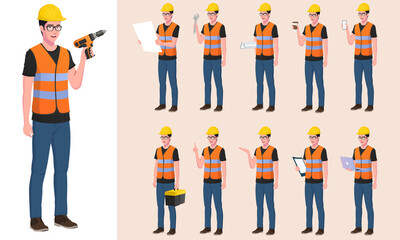Construction Worker, Engineer Character Set With Different Poses, gestures and Actions