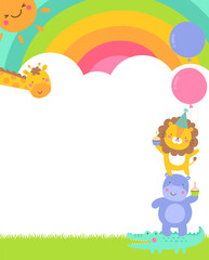 Cute safari cartoon animals with rainbow and cloud background for kids party invitation card template.