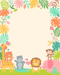 Obraz na płótnie Canvas Cute safari cartoon animals and tropical leaves border with copy space for kids party invitation card template.