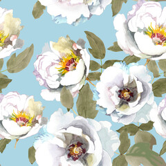 White peonies with green leaves watercolor on light blue background seamless pattern for all prints.