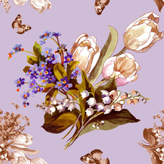 Spring flowers bouquets watercolor isolated on light purple background seamless pattern for all prints.