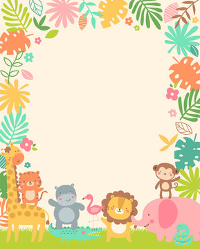 Cute safari cartoon animals and tropical leaves border with copy space for kids party invitation card template.