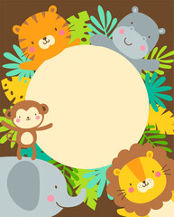 Fototapeta premium Cute safari cartoon animals and tropical leaves border with copy space for kids party invitation card template.