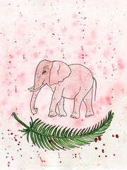 Watercolor poster with elephants on a background with plants.Perfect for a greeting card, for a baby shower, for needlework and hobbies.
