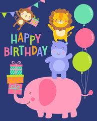 Cute safari cartoon animals illustration for birthday greeting card.