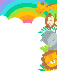 Obraz na płótnie Canvas Cute safari cartoon animals border with copy space for kids party invitation card template.