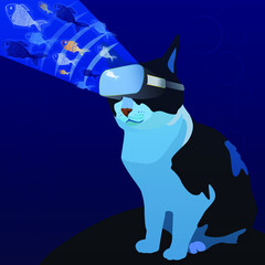 Cat in virtual reality glasses see a lot of fish. A cat in a virtual reality.