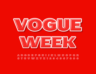Vector luxury Poster Vogue Week. Red Glossy Font. Modern Alphabet Letters and Numbers