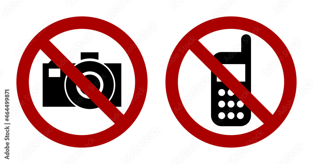 Poster No Camera or Do not Take Photos and No Phone Call or Do not Use Mobile Phone Warning Sign Icon Set. Vector Image.