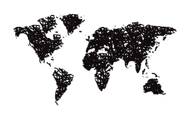 World map infographic black handwrite drawing vector background.