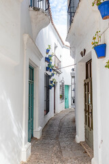 Narrow street of the White Villages of Andalusia, with flower pots hanging from the walls, Spain