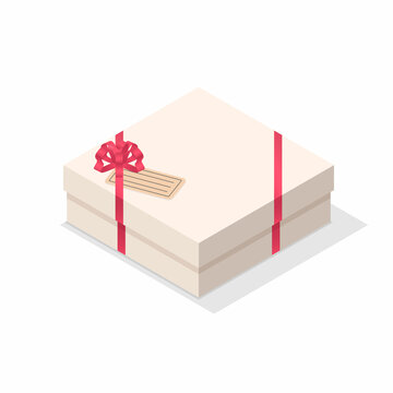 Square shape isometric gift box. Realistic 3d white present box with red ribbon bow and tag greeting card. Closed surprise box. Holiday birthday package decor element. Isometric vector icon element