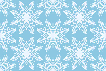 Cute winter season seamless pattern background with snowflake icon on bright blue. Geometric ornament print, Christmas, New Year textile design