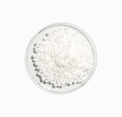 Carbamide in Chemical Watch Glass. Close up chemical ingredient on white laboratory table. Top View