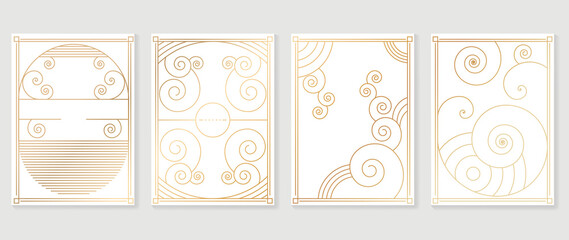 Fototapeta premium Luxury gold art deco cover design template vector. Art deco line border. Victorian vintage old antique elegant vector for party, thematic wedding or textile prints.