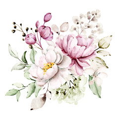 Pink flowers watercolor, floral clip art. Bouquet peonies perfectly for printing design on invitations, cards, wall art and other. Isolated on white background. Hand painting.