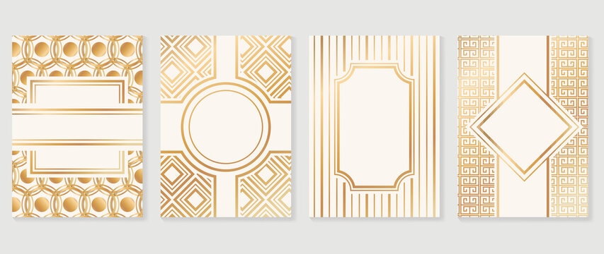 Luxury gold art deco cover design template vector. Art deco line border. Victorian vintage old antique elegant vector for party, thematic wedding or textile prints.