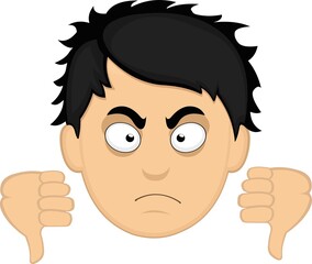 Vector emoticon illustration of the face of a young cartoon man with his thumbs down