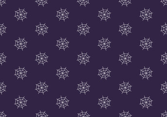 Dark pattern with spiders web on purple background. Halloween festive autumn decoration. October holiday print for paper printing, textile and design