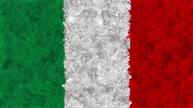 Colorful animation of the flag of Italy, gradually emerging from a moving swirling cloud consisting of many colorful small particles. The particles move and rotate, forming the national flag of Italy.