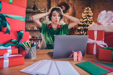 Photo of young amazed shocked happy santa helper woman laptop news astonished indoors inside house...
