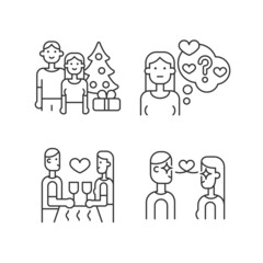 Couple in love linear icons set. Love at first sight. Holidays together. Doubting stage of relationship. Customizable thin line contour symbols. Isolated vector outline illustrations. Editable stroke