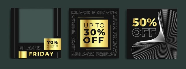 Naklejka premium GOLD Set of black Friday 2021 sale post social media pack template premium poster vector. Black Friday sale label template design for banner, idea, cover, booklet, print, flyer, card, poster, badge