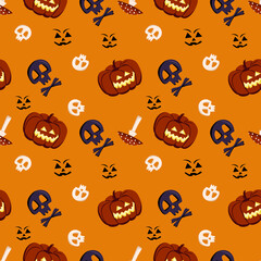 Bright seamless pattern with pumpkins and skulls, grin and fly agaric. Festive autumn decoration for Halloween. Holiday October background for paper print, textile and design
