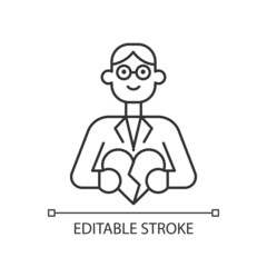 Couple and family counsellor linear icon. Marriage therapy. Mental health in romantic relations. Thin line customizable illustration. Contour symbol. Vector isolated outline drawing. Editable stroke