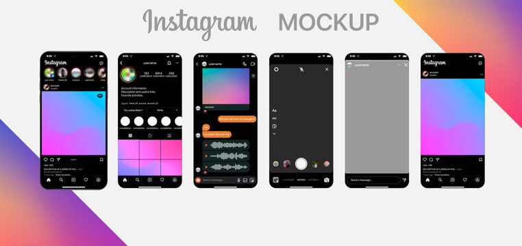 Instagram mockup 2022. Set instagram screen social media and social network interface template. Instagram photo frame. Stories, liked, stream.