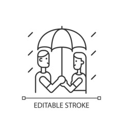 Walking under rain linear icon. Couple under umbrella in rainy weather. Sharing umbrella. Thin line customizable illustration. Contour symbol. Vector isolated outline drawing. Editable stroke