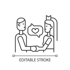 Wedding vows linear icon. Couple promising love to each other. Wedding ceremony. Bride and groom. Thin line customizable illustration. Contour symbol. Vector isolated outline drawing. Editable stroke