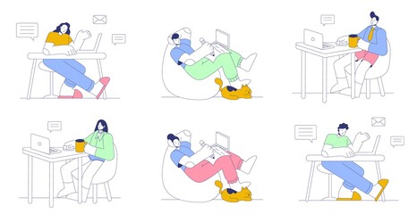 Working at home big illustrations set. Young people, m n and wom n freelancers working on laptops and computers at home. Vector flat style illustration.