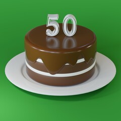 Chocolate cake on a plate with number 50