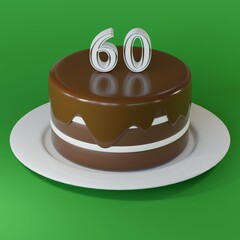 Chocolate cake on a plate with number 60