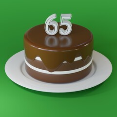 Chocolate cake on a plate with number 65
