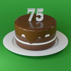 Chocolate cake on a plate with number 75